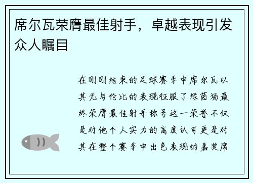 席尔瓦荣膺最佳射手，卓越表现引发众人瞩目